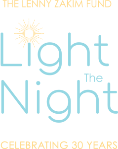 graphic logo that says 'Light the Night' in light blue letters with a yellow burst as the dot in the 'i' | above that text, in yellow caps, it says 'The Lenny Zakim Fund' and at the bottom in the same writing, it says 'Celebrating 30 years'